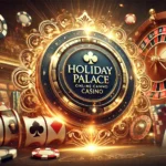 Holiday Palace logo in a luxurious online casino setting with poker chips and playing cards.