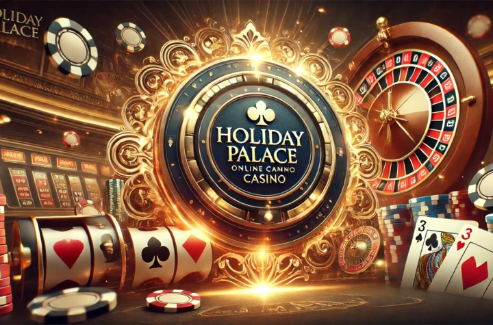 Holiday Palace logo in a luxurious online casino setting with poker chips and playing cards.