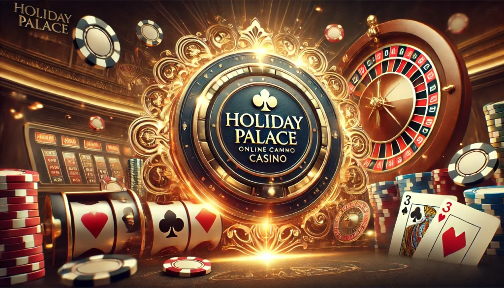 ธีมคาสิโนออนไลน์หรูหรา โลโก้ Holiday Palace พร้อมชิป ไพ่ และรูเล็ต